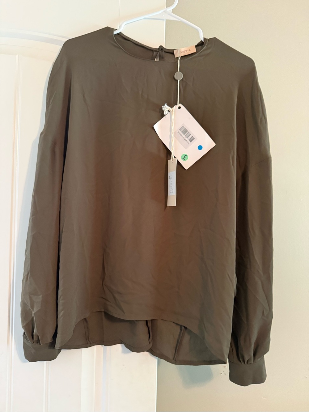 Olive Long-Sleeve Blouse with Button-Back Keyhole
